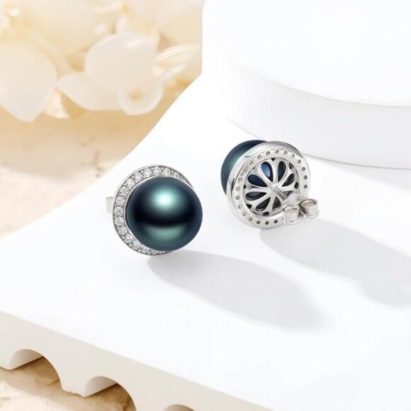 EKJQB Black Pearl Stud Earrings For Women - Picture 5 of 8